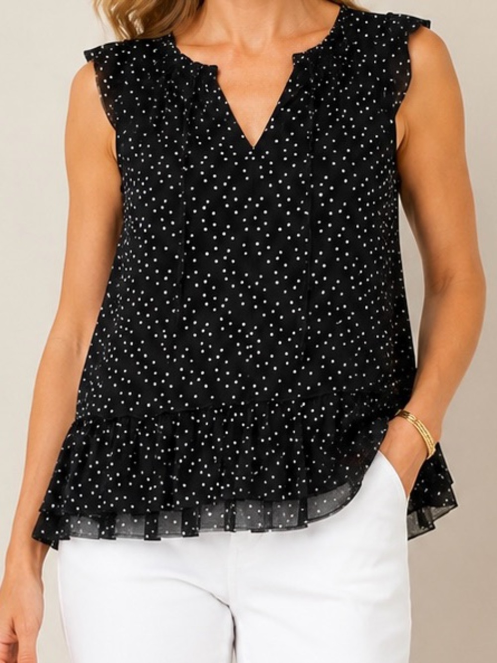 Max Studio Black Sleeveless Top with White Dots